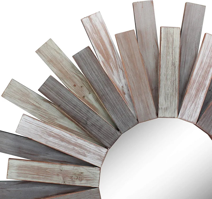 Rustic, round 31.3-inch wall mirror featuring a vintage wooden sunburst or starburst frame with varying charred wood tones