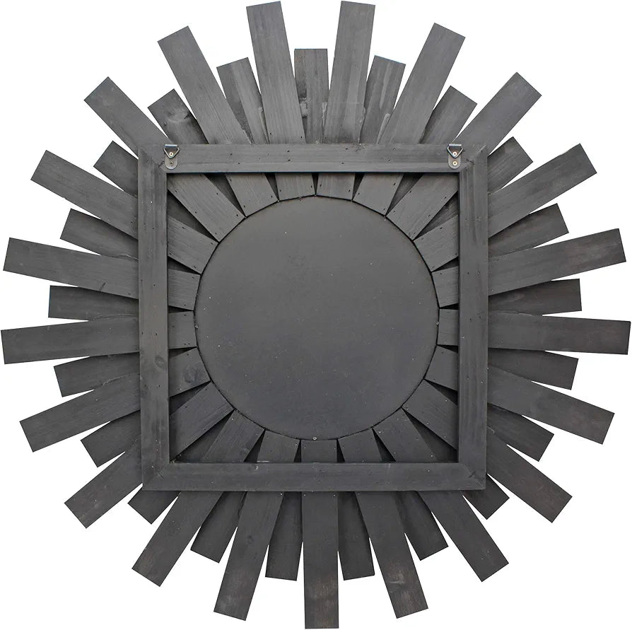 Rustic, round 31.3-inch wall mirror featuring a vintage wooden sunburst or starburst frame with varying charred wood tones