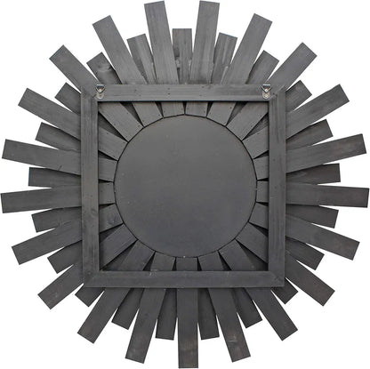 Rustic, round 31.3-inch wall mirror featuring a vintage wooden sunburst or starburst frame with varying charred wood tones