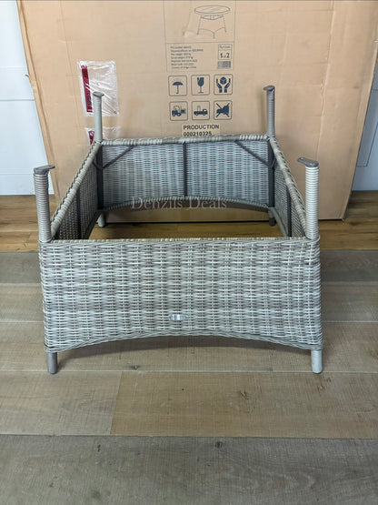 John Lewis Rye Woven Rattan 6-Seater Round Garden Dining Table, Natural. Round dining table with room for six · Handwoven, 5mm round synthetic wicker · Robust aluminium frame · Tinted glass top tempered for strength