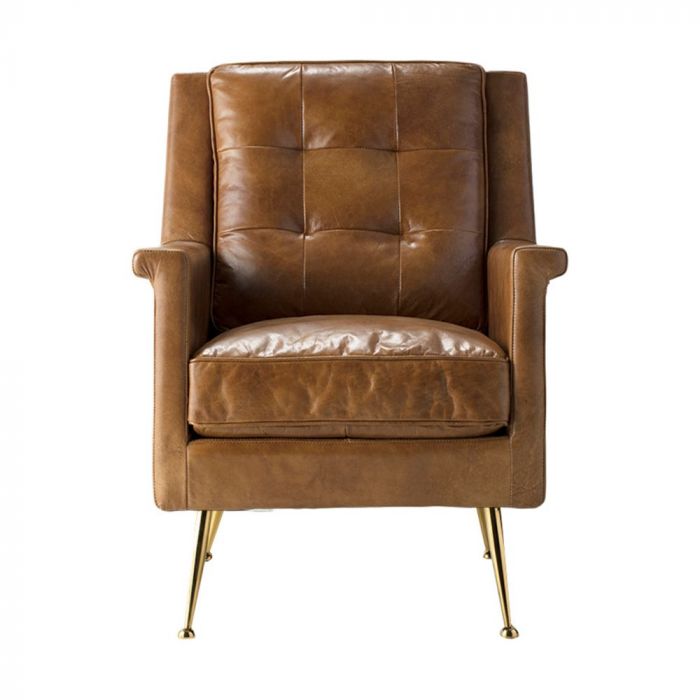 Saltford brown leather accent chair with button-back and gold legs"
