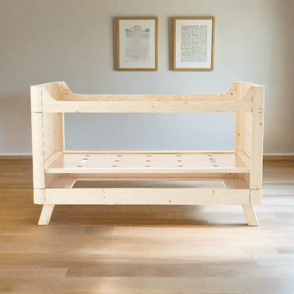 Sazy Baby Cot Bed in natural , Suitable From Birth To 18months+, beige baby cot bed with clear acrylic sides and a wooden frame,