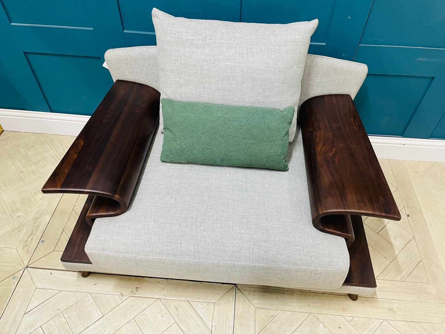 Shine Mount Ricci grey fabric accent chair styled in a minimalist reading corner