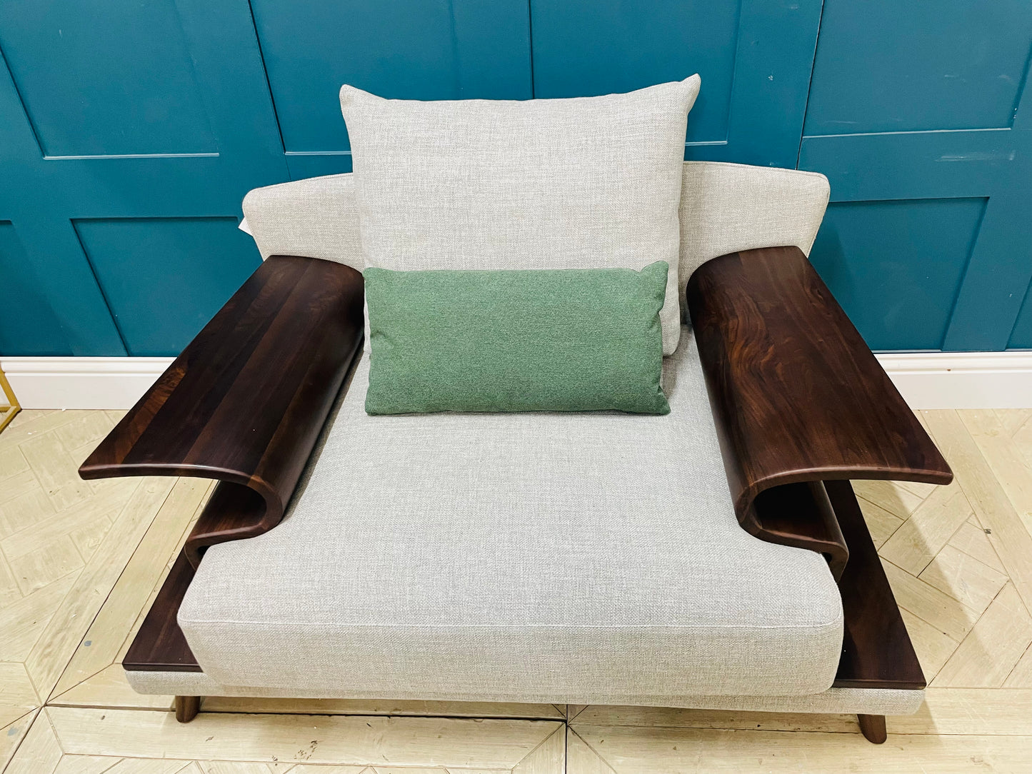 Shine Mount Ricci modern grey upholstered statement armchair with fabric cushions. Giving a luxurious feel 