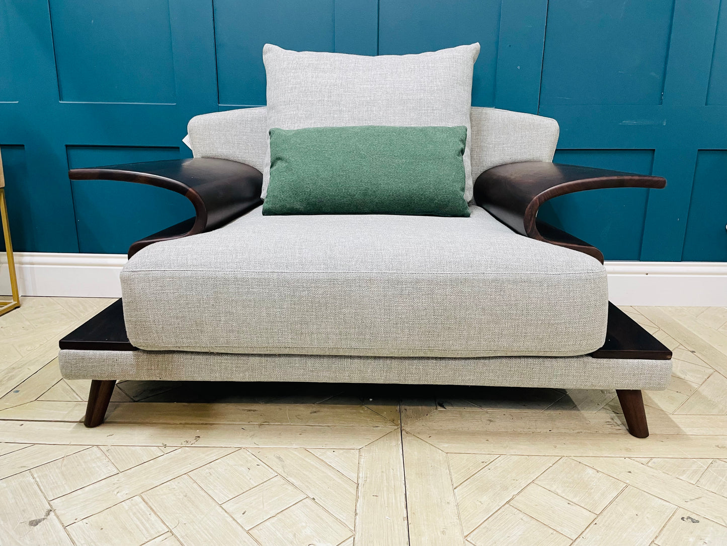 Shine Mount Ricci modern grey upholstered statement armchair with fabric cushions. Giving a luxurious feel 