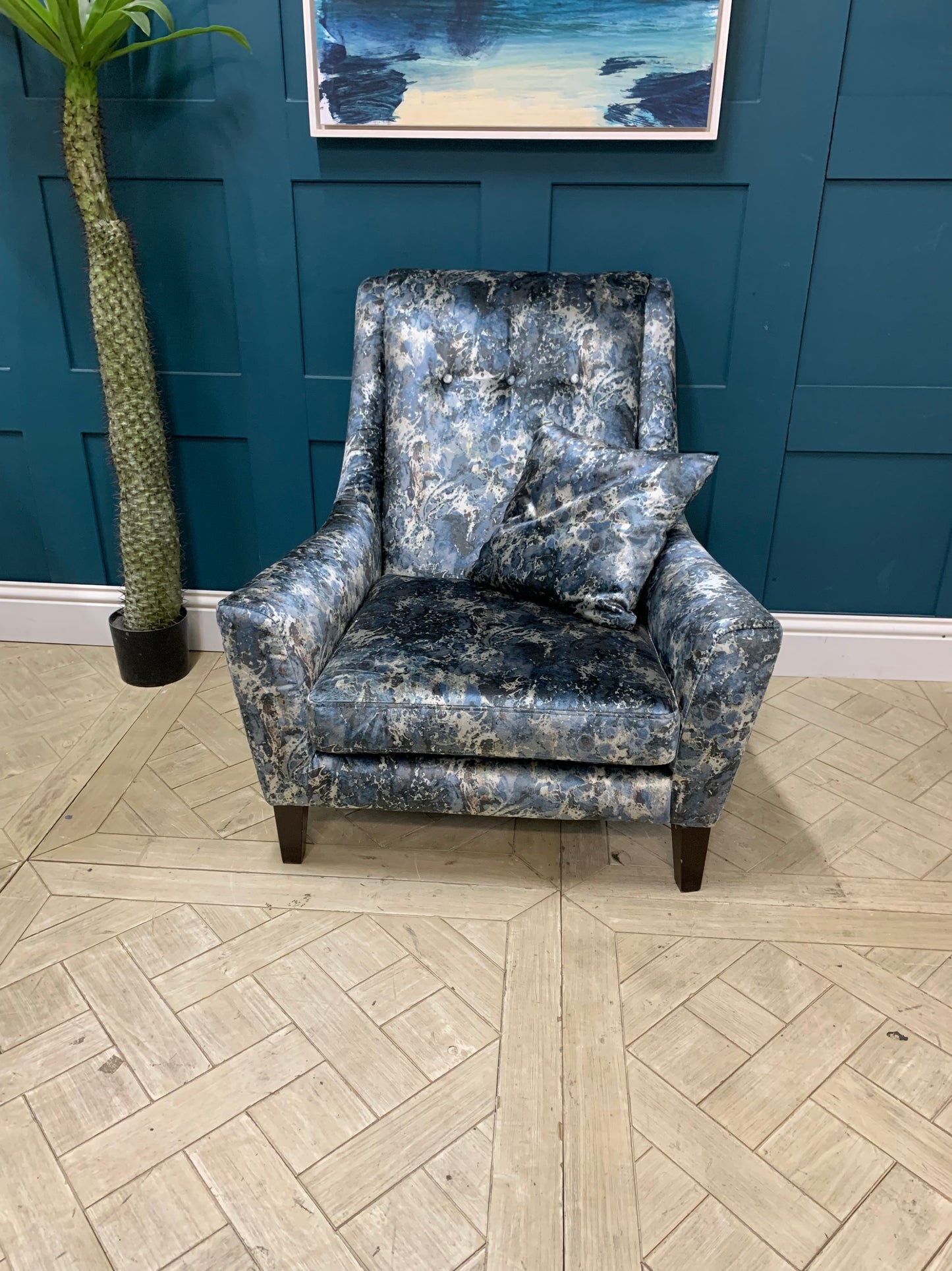 Sinatra accent chair in luxury fabric with tapered wooden legs