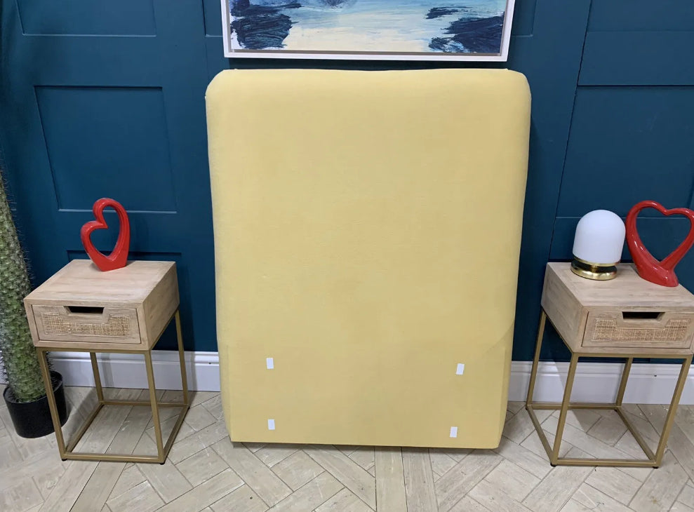 Loaf Single Ruffle headboard in Lemon Drizzle yellow brushed cotton, featuring a simple arched silhouette.