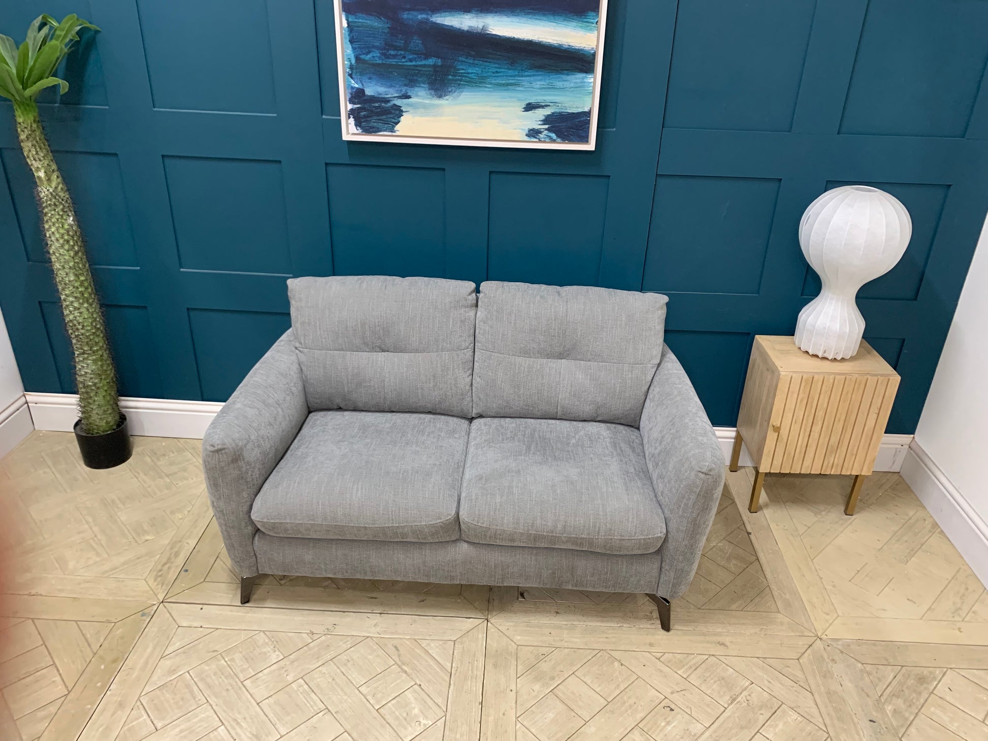 Sofology Mimi 2 seater sofa in grey mix cross weave fabric with retro throwback design