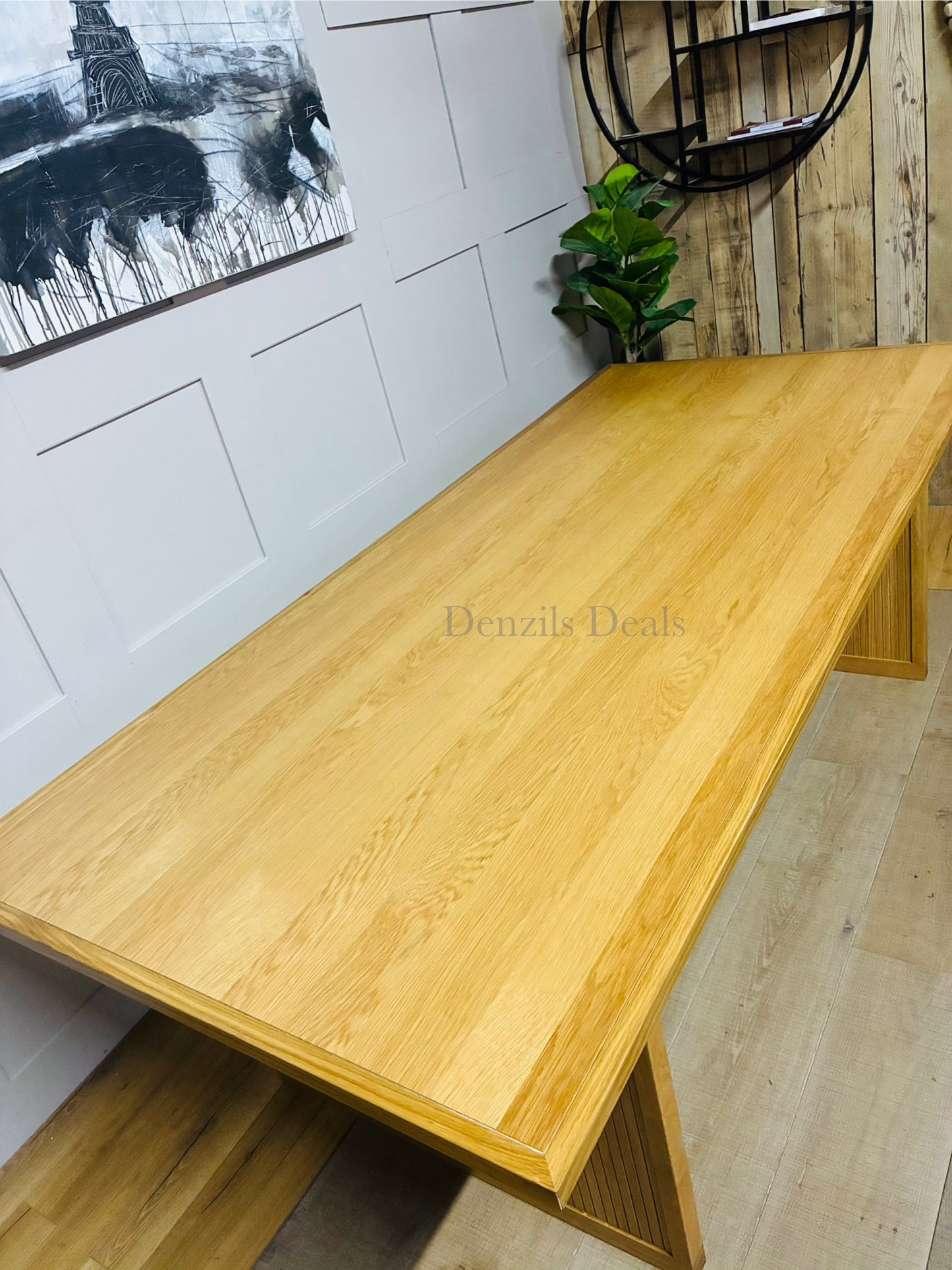 Solid natural oak 8-seater dining table from the John Lewis Anders range, showcasing a modern Scandinavian design with sturdy rectangular construction, top close up view