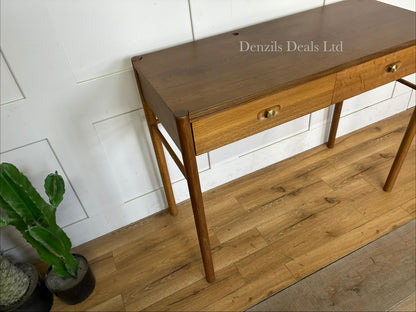 Solid oak Anthropologie Bernadette vanity without mirror and brass hardware."