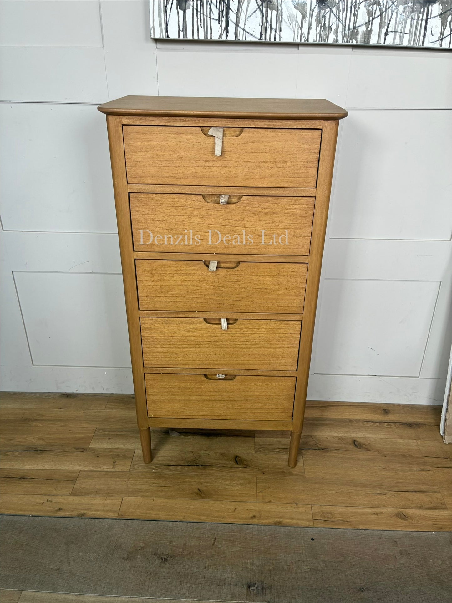 Solid oak Norway chest of drawers by Fishe & Lilly with five stacked drawers, clean Scandinavian lines, and a warm natural wood finish