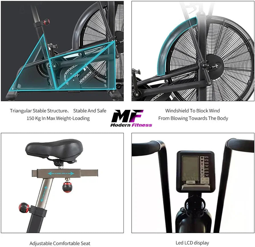 Stationary air resistance assault bike with moving arm handles, a front fan, and an LCD performance monitor