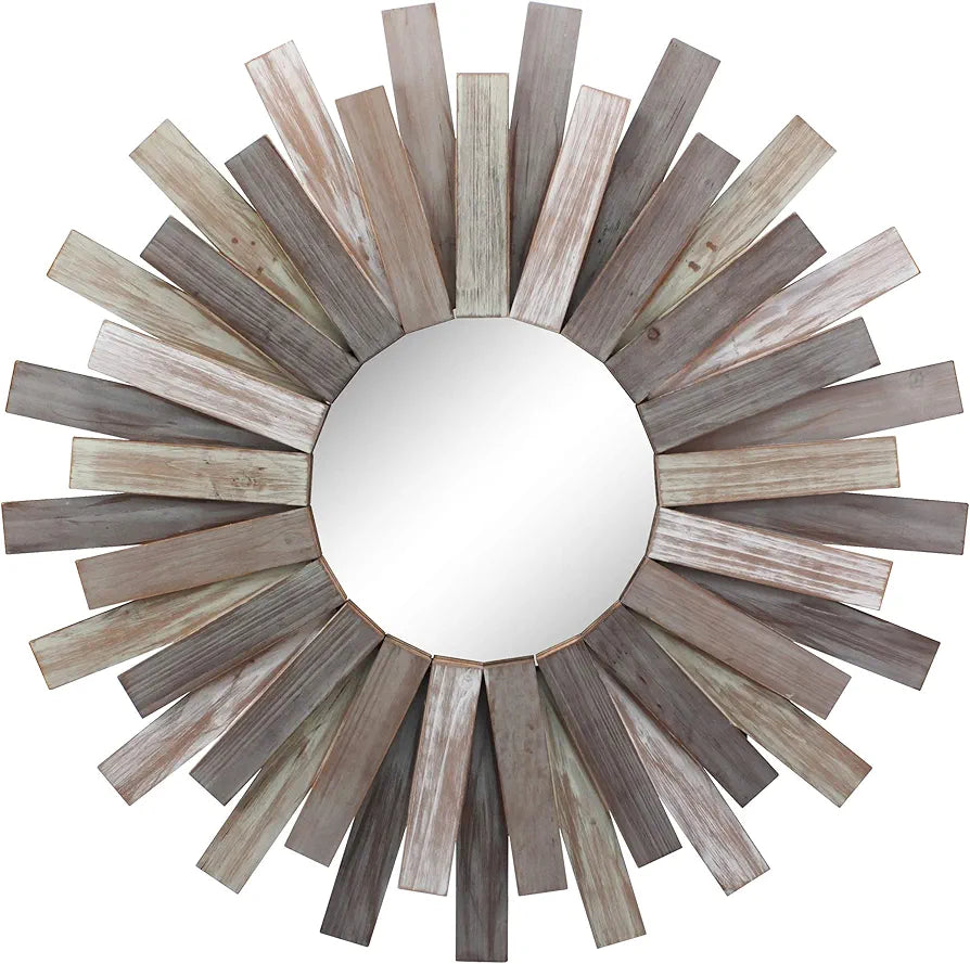 Stonebriar Large Round 31.3" Wooden Sunburst Hanging Wall Mirror with Attached Hanging Bracket