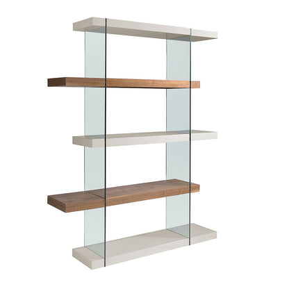Sturado 5-tier shelving unit from Dwell, featuring a sleek, minimalist frame with five dark-toned wooden shelves spaced evenly apart