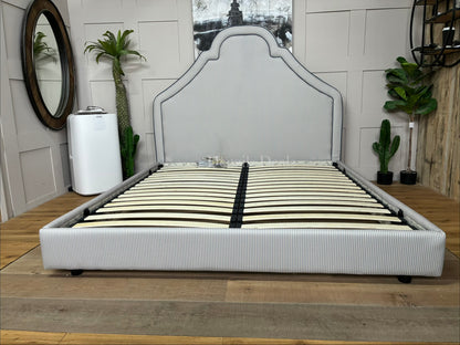 Super king bed frame Upholstered in a classic blue and white ticking stripe fabric with a heritage-inspired silhouette and tall headboard.
