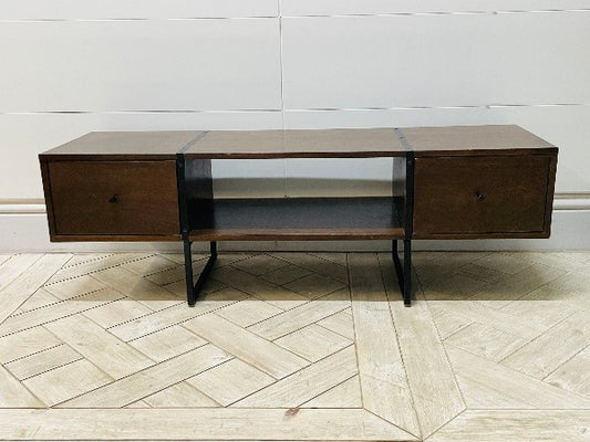 Swoon mid-century modern TV stand in dark walnut wood finish with tapered legs.