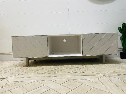 Content by Terence Conran Stanford TV stand with geometric diagonal grooves, a central shelf, and oak legs