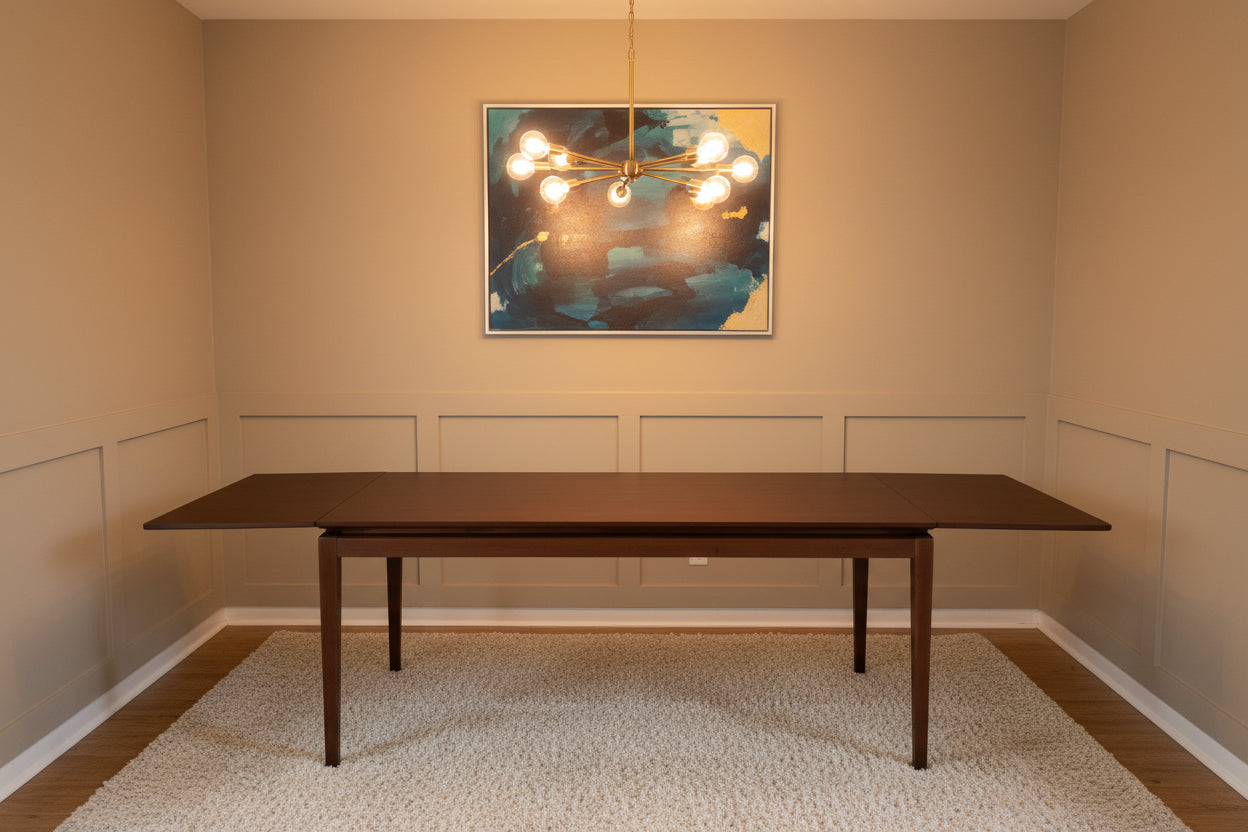 The AM.PM Yolo walnut dining table fully extended to its 10-seater configuration, highlighting the seamless wood grain center extension panels.