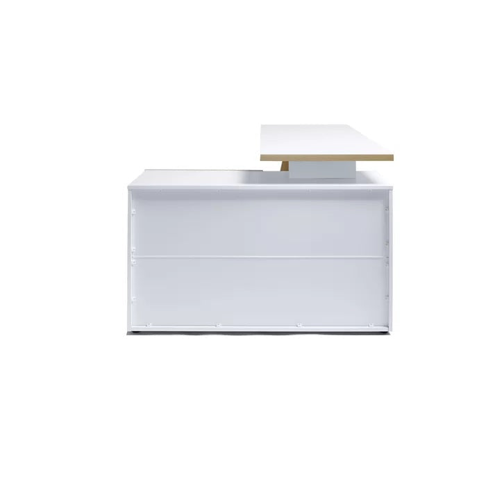 Jahnke Stanberg L-shaped corner desk in oak and white with two drawers and two storage compartments.