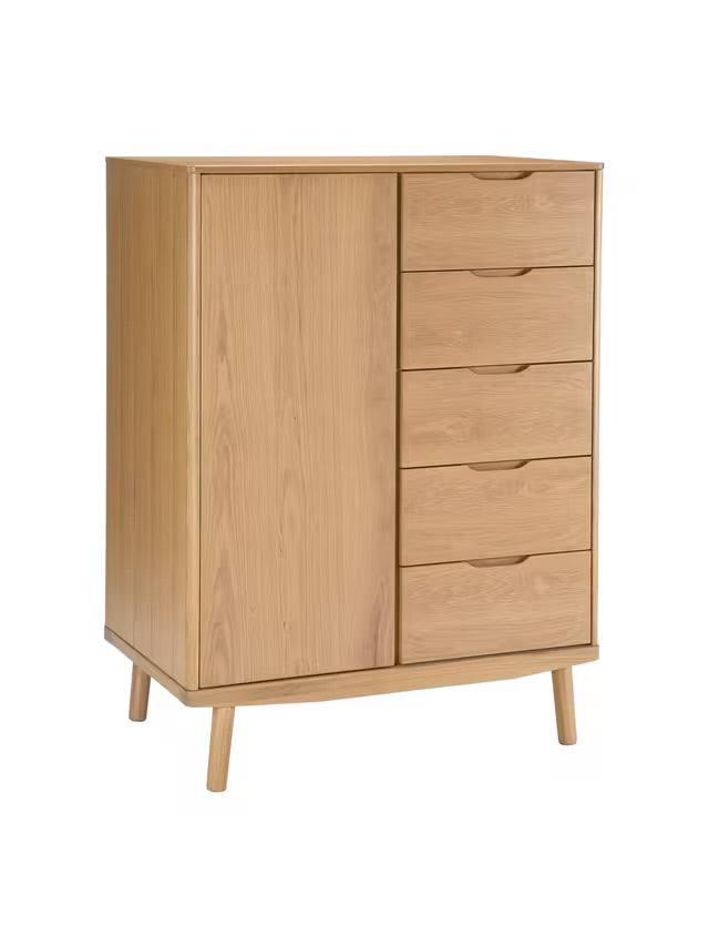 The John Lewis Bow 5 Drawer Low Wardrobe, Natural is a compact, modern freestanding bedroom unit crafted predominantly from solid oak and veneers, showcasing a natural wood grain finish