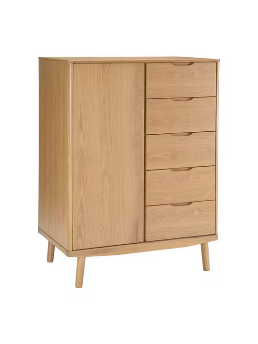 The John Lewis Bow 5 Drawer Low Wardrobe, Natural is a compact, modern freestanding bedroom unit crafted predominantly from solid oak and veneers, showcasing a natural wood grain finish