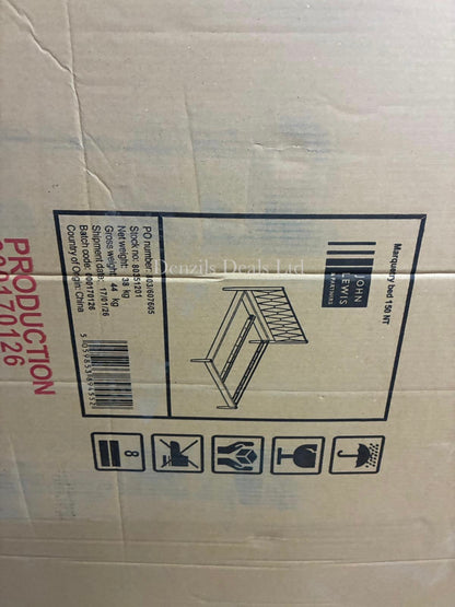 The John Lewis Marquetry King Size Bed Frame in a natural finish, showcasing a geometric wood-grain patterned headboard and tapered legs. New in box