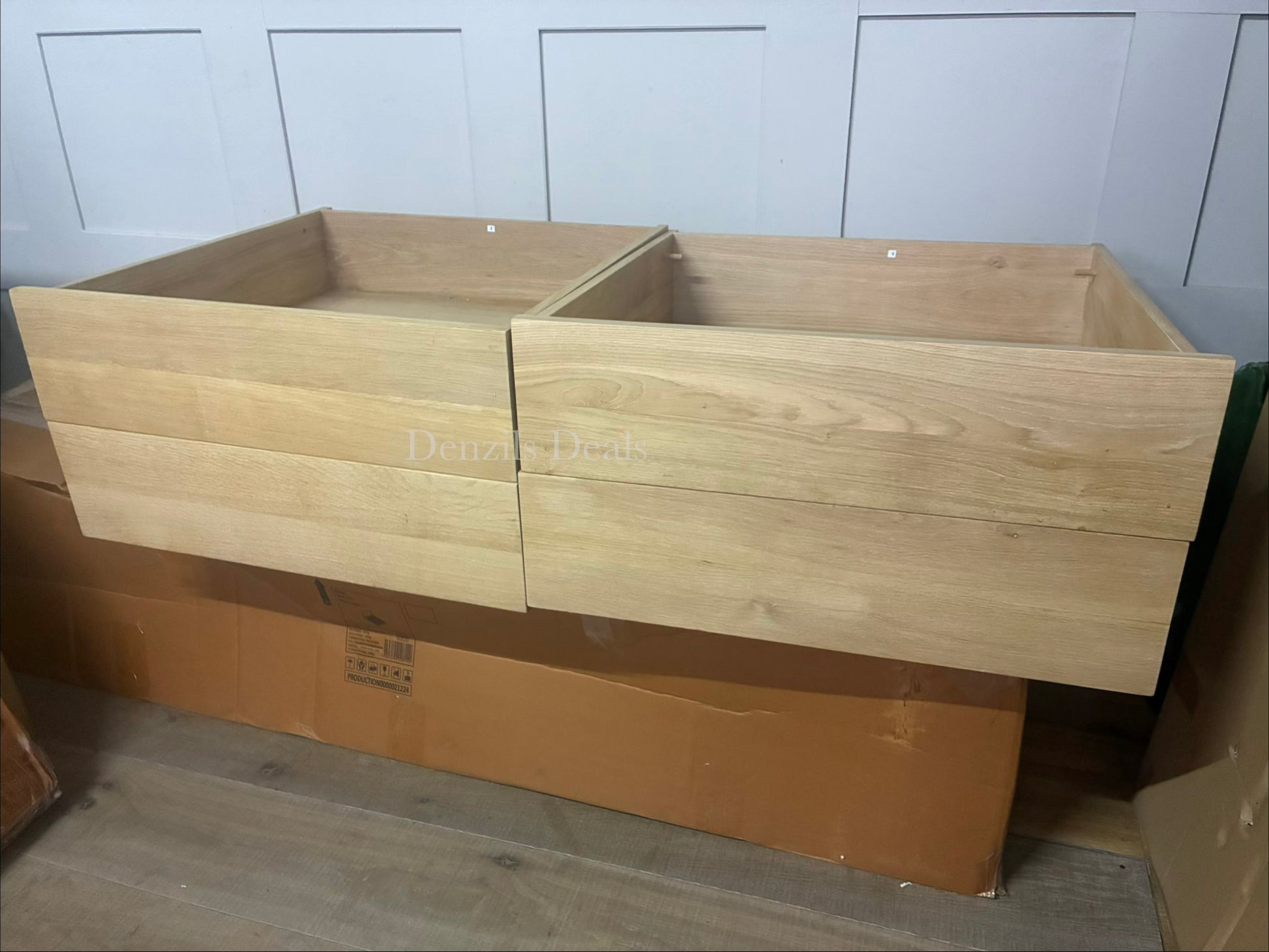 John Lewis Rest king-size natural wood bed frame with 4 storage drawers and padded headboard