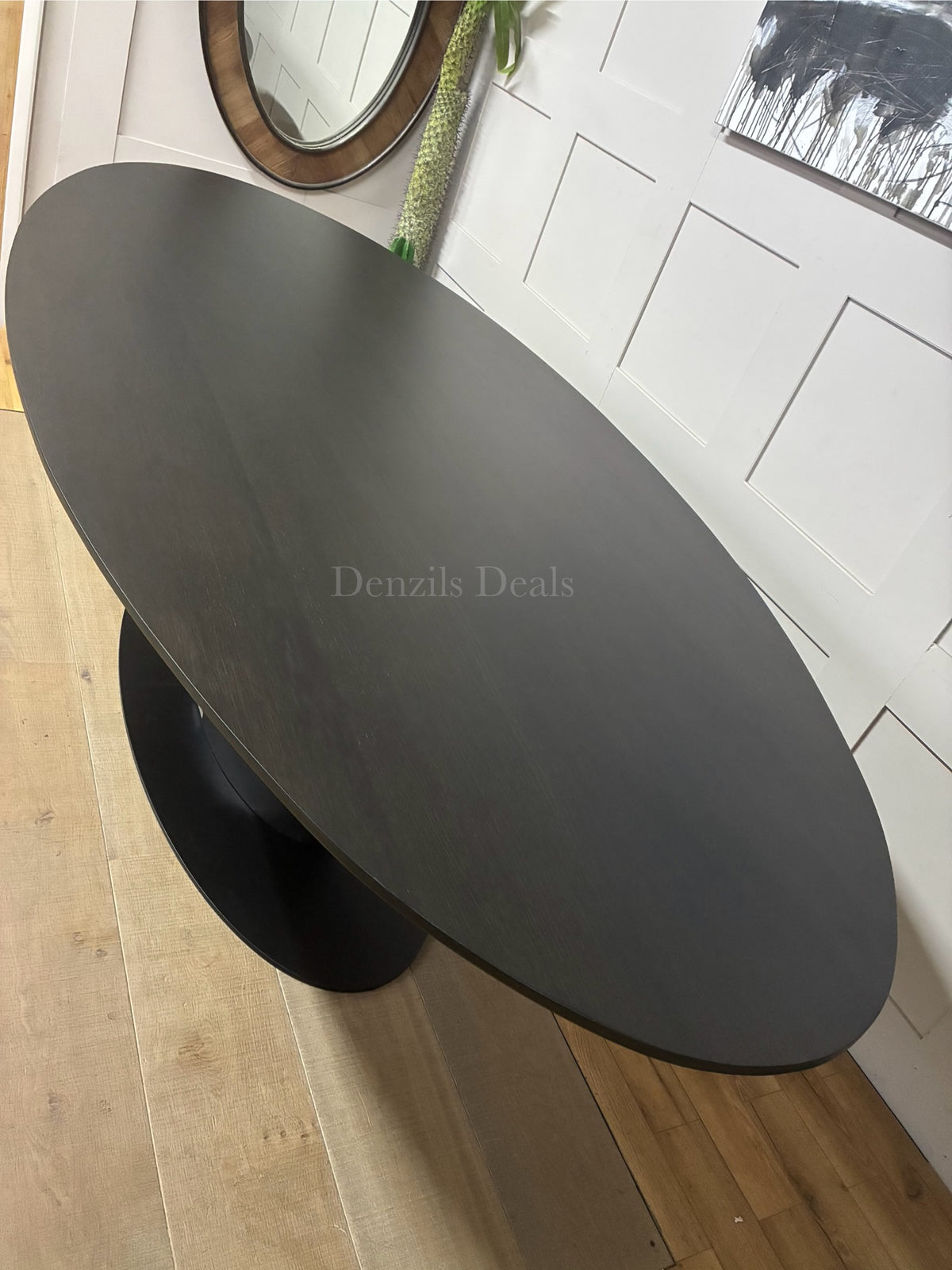 The Richmond Interiors Gordon Dining Table in Dark Coffee wood with a modern black metal structural base.