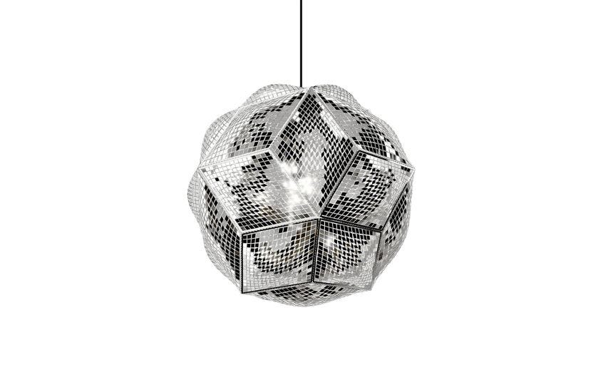 Tom Dixon Puff Pendant Light pendant in stainless steel. It features an intricate polyhedral shape made of diamond-shaped metal panels that are etched and perforated, giving it a ballooned, inflated appearance. The metallic surface creates a shimmering, 'inverted disco ball' effect when lit. 