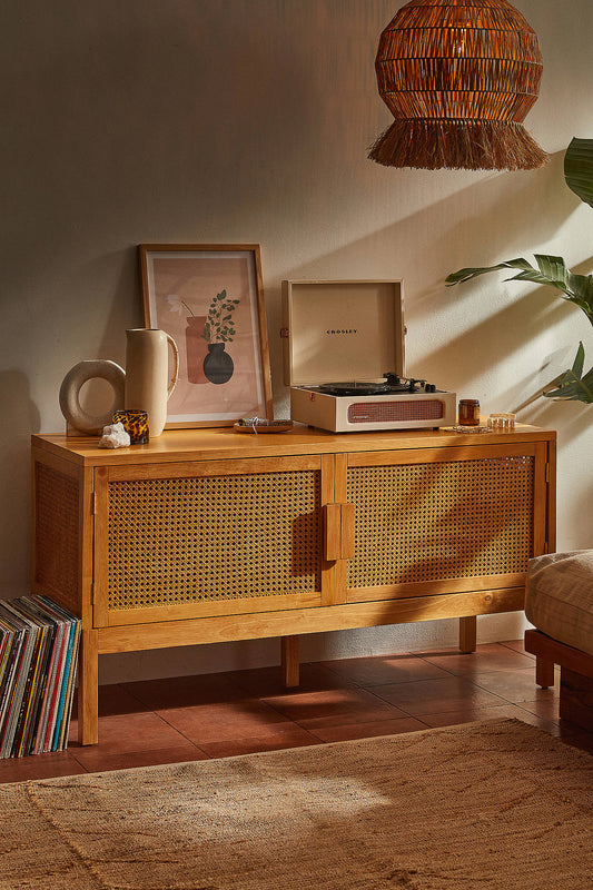 Urban Outfitters Marte media console with natural rattan doors and wood frame