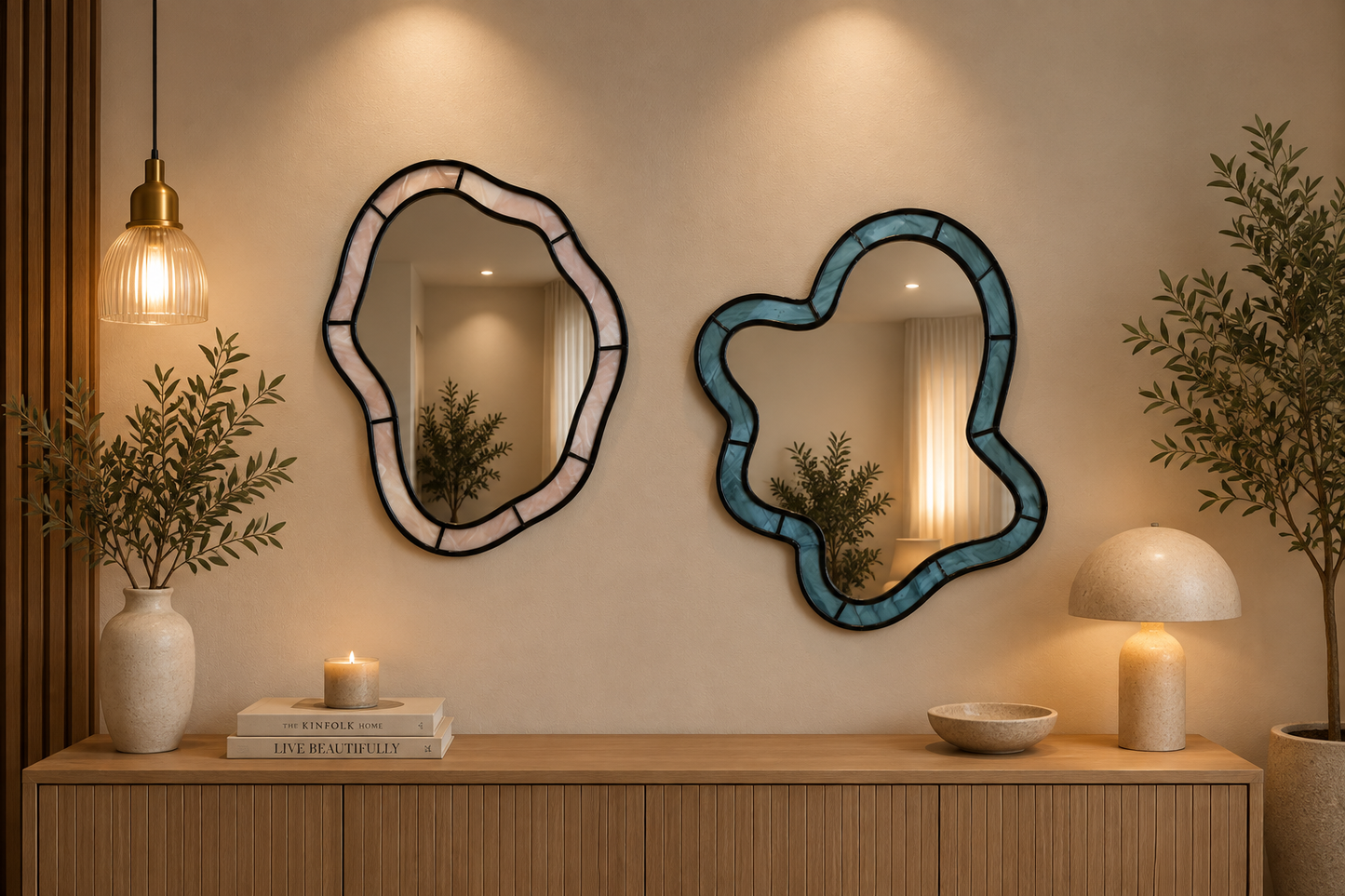  Urban Outfitters wall-mounted decorative mirror with an organic, wavy "squiggle" shape. The mirror is bordered by a distinct light blue stained-glass paneled frame separated by dark lines. It is hung on a warm beige wall above a wooden console table next to a similar pinkish-white wavy mirror.