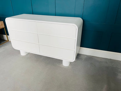 White 6-drawer wooden dresser with grooved pulls and a lacquered finish