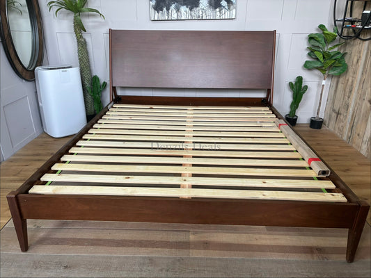 West Elm Wright bed frame in super king size, crafted from kiln-dried solid eucalyptus and FSC-certified wood with a natural acorn walnut finish and tapered legs