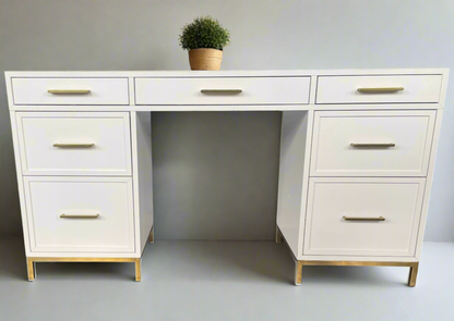 White Blaire smart storage desk featuring a flat top, symmetrical multi-drawer design, and gold drawer pulls