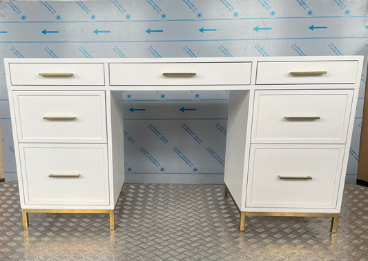 White Blaire smart storage desk featuring a flat top, symmetrical multi-drawer design, and gold drawer pulls