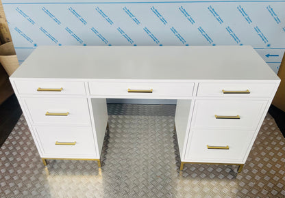 White Blaire smart storage desk featuring a flat top, symmetrical multi-drawer design, and gold drawer pulls
