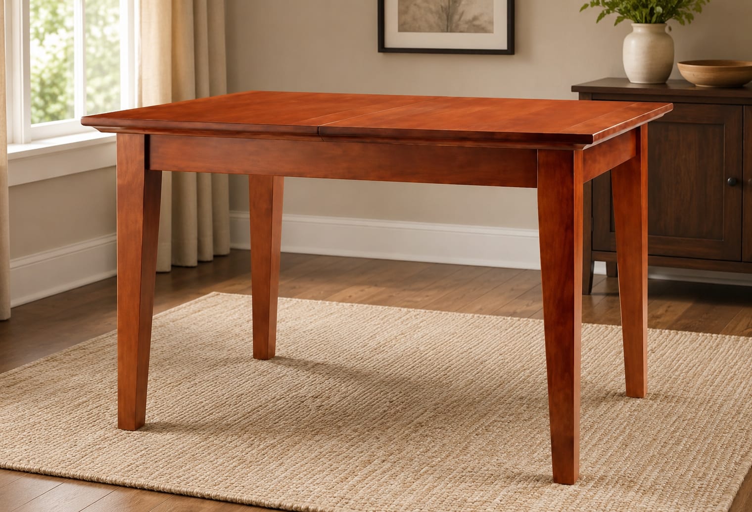 Willis Gambier Originals New York extending dining table in a mahogany finish, featuring a solid birch and veneer rectangular top