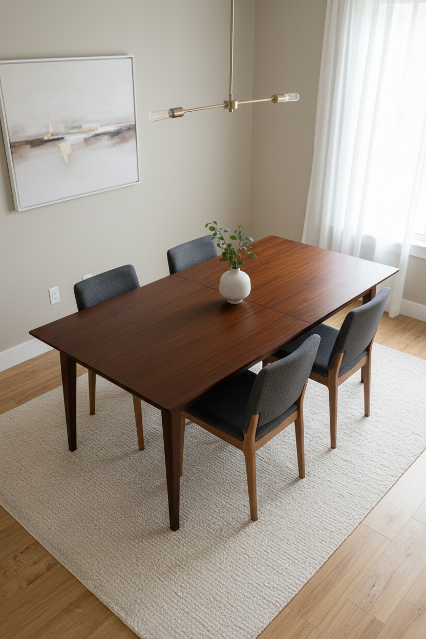 An AM.PM Yolo extendable rectangular dining table crafted from rich, dark walnut wood, seating 6 to 10 people, featuring clean lines and a smooth wooden tabletop.