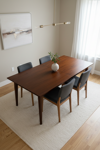 An AM.PM Yolo extendable rectangular dining table crafted from rich, dark walnut wood, seating 6 to 10 people, featuring clean lines and a smooth wooden tabletop.