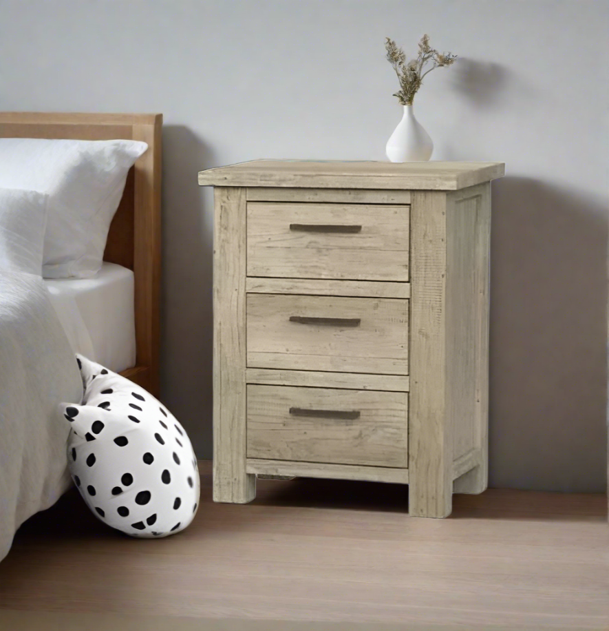 Scandinavian Style Rustic Pine Bedside 3 Drawer cabinet