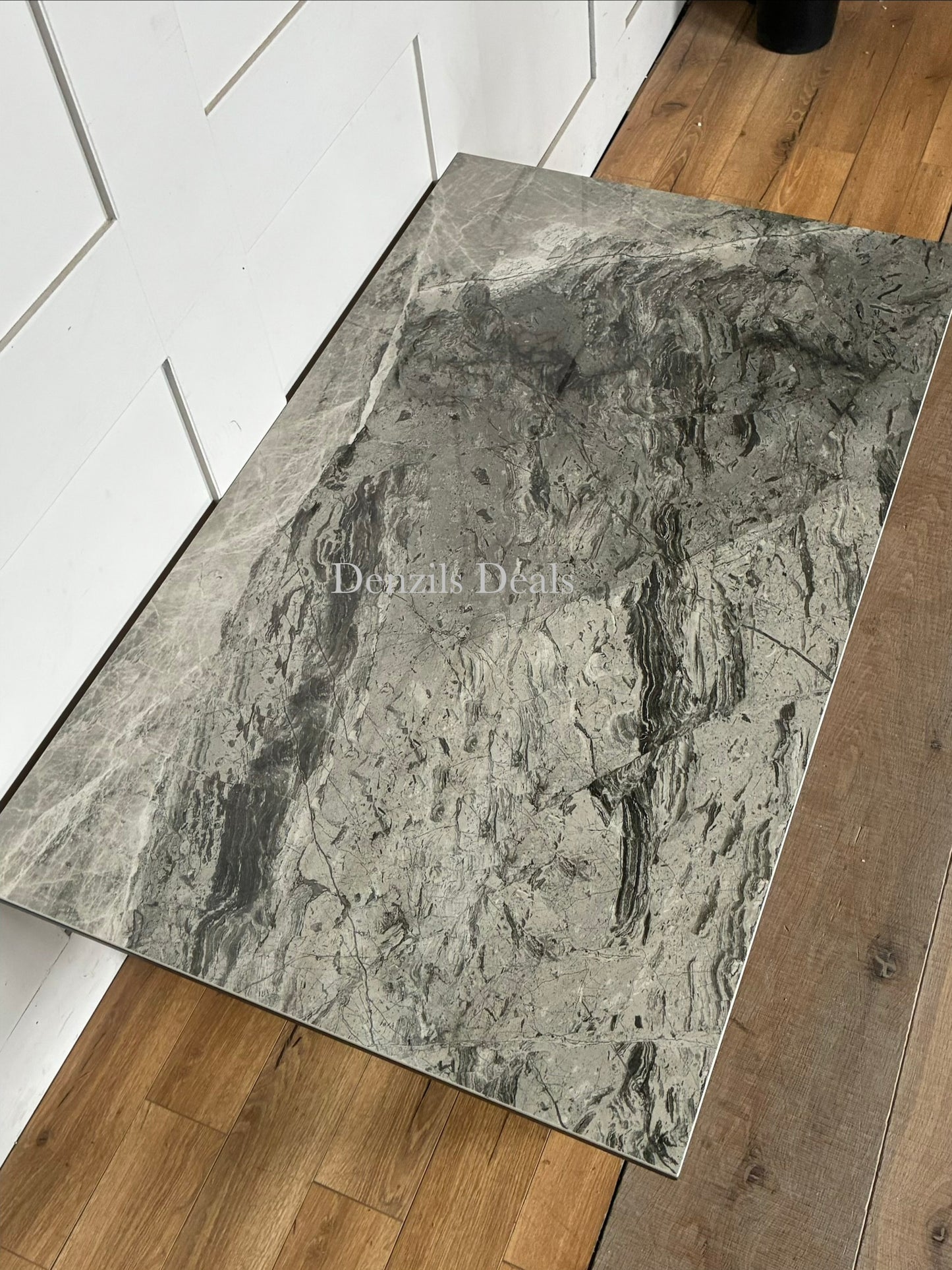 Dwell Teno grey ceramic top coffee table with architectural metal legs.