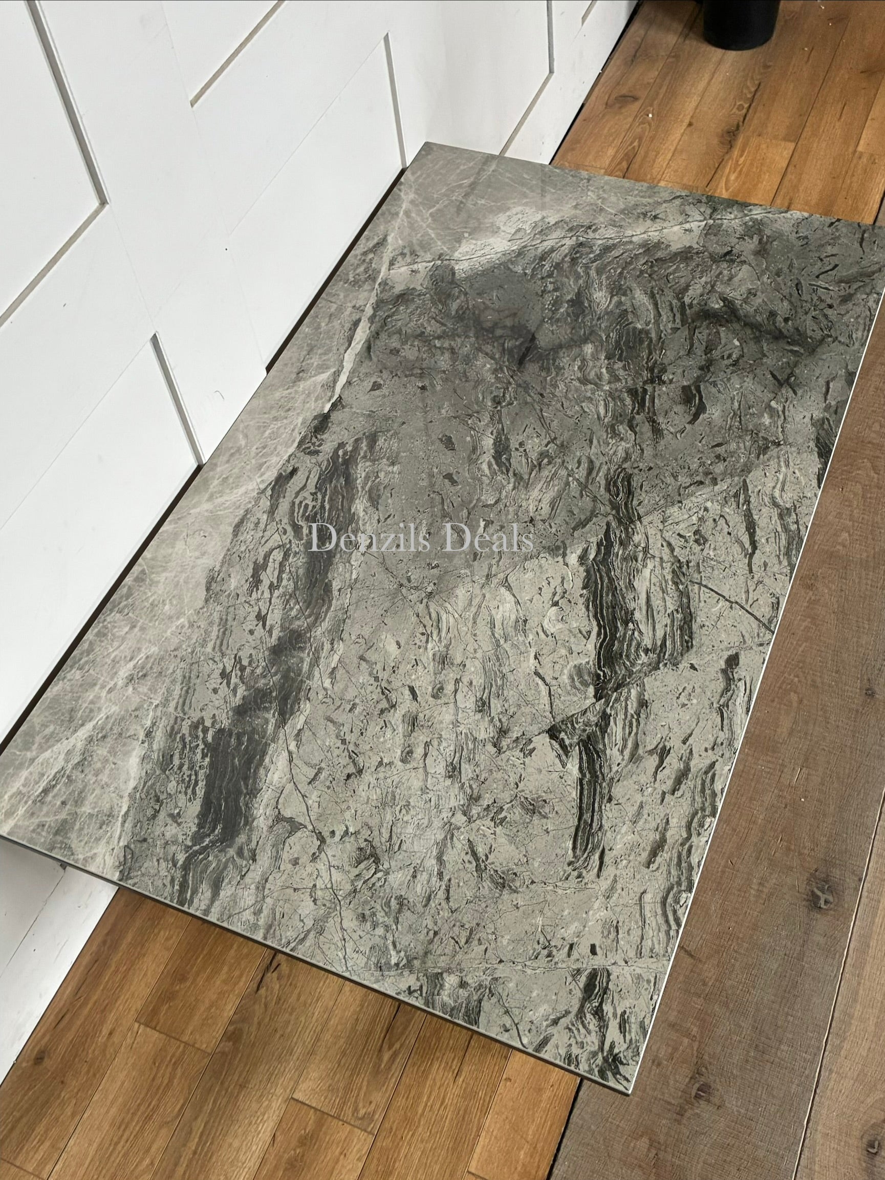 Dwell Teno grey ceramic top coffee table with architectural metal legs.
