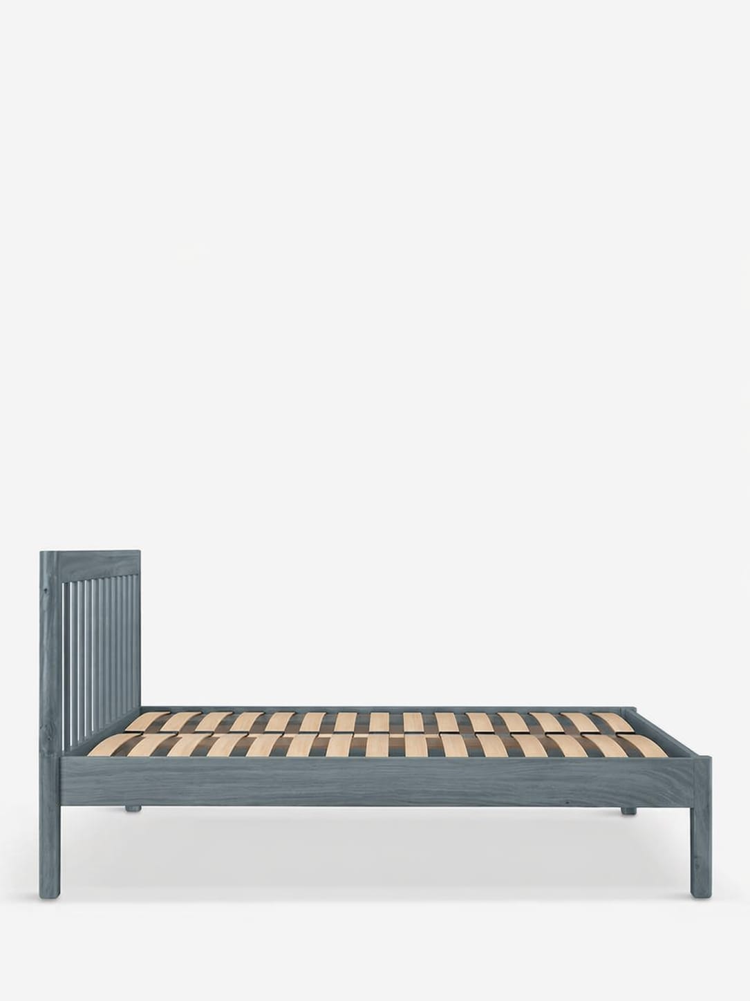 Modern spindle-style double bed frame from John Lewis in storm wood tone