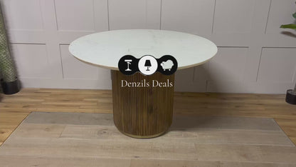 Amelie  White Marble 120cm Round Dining Table with Wave Mango Wood Base Rrp £934