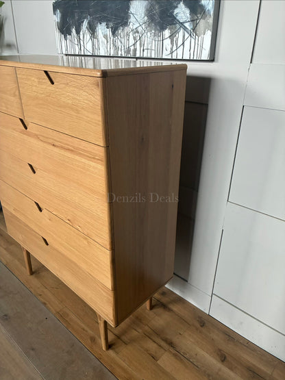 A solid oak wood 3-drawer chest from the John Lewis X-Ray bedroom range, featuring a light oak finish, rounded corners, and tapered legs inspired by Danish design